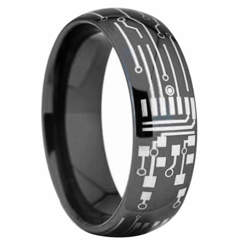 Men's Wedding Band - Dome Brushed Black Laser Circuit Board Ring for Men